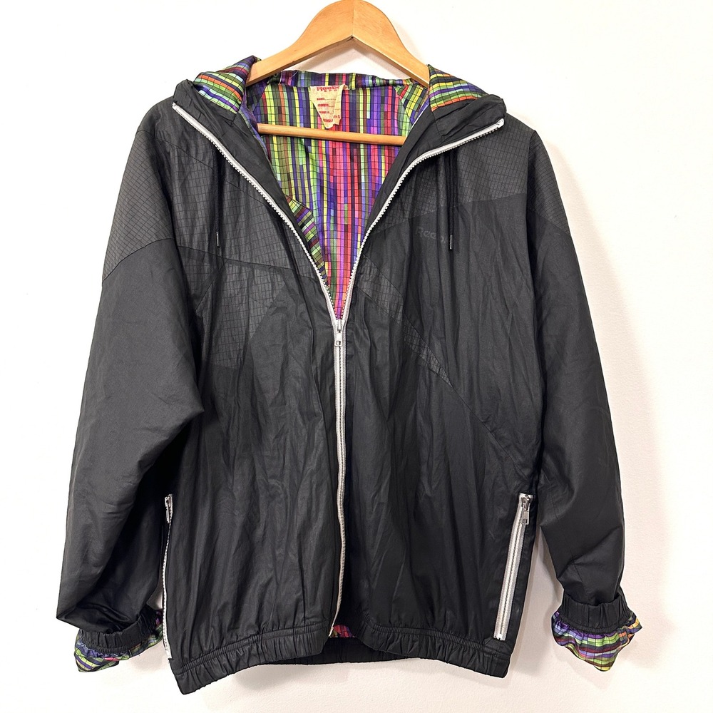 VTG 90s Reebok Sport Black Windbreaker Jacket Rainbow Grid Lining Womens S Retro